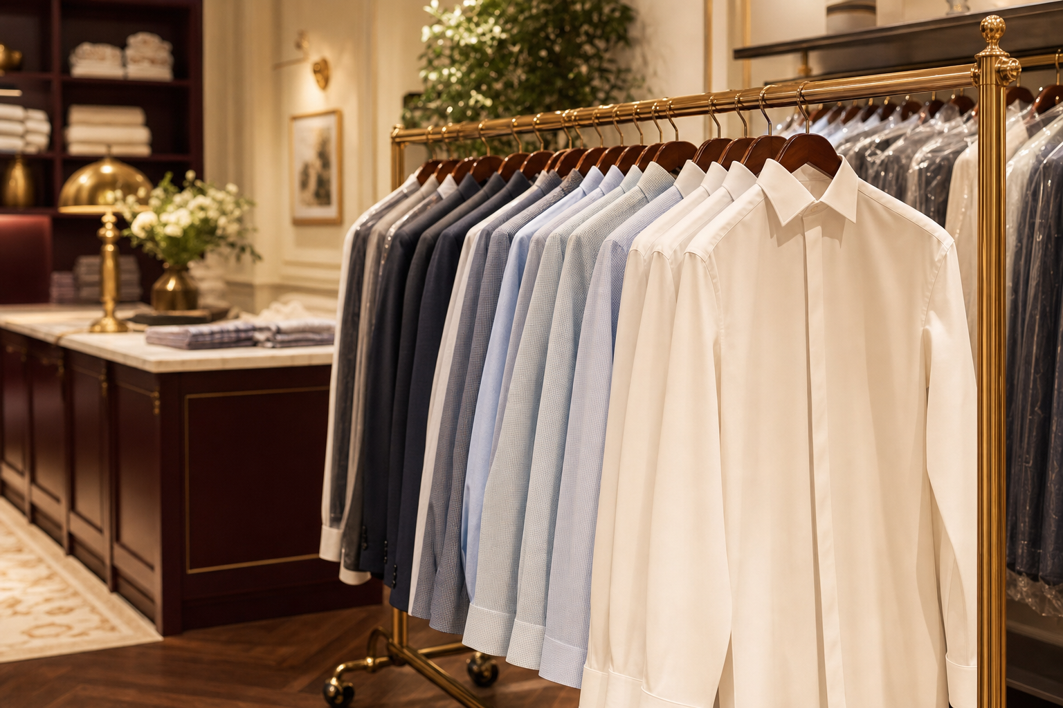 Bright dry cleaners interior with neatly pressed shirts and suits hanging on a rolling rack